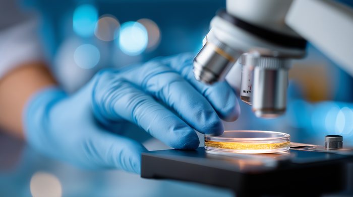 Gloved hands placing a sample under a microscope for direct microscopy